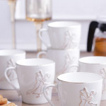 Set of 6 White Printed Ceramic Tea Cups