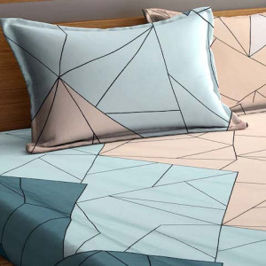 Blue & Pink Geometric 300 TC King Fitted Bedsheet With 2 Pillow Covers